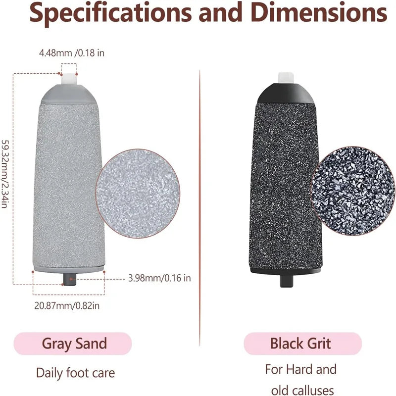 Close-up of two Rolli™ SmoothPro replacement roller heads – black grit for hard and old calluses, gray sand for daily foot care, showing dimensions for precise fit and effective exfoliation