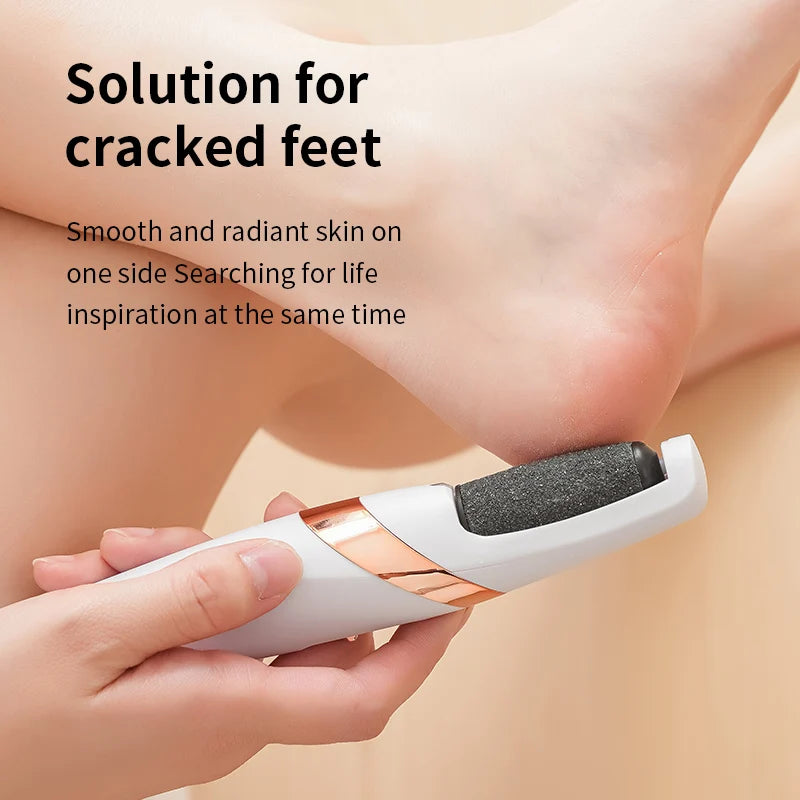 Side view of Rolli™ SmoothPro electric foot file held in hand, gently cleaning heels and removing calluses and dead skin for smooth, soft feet