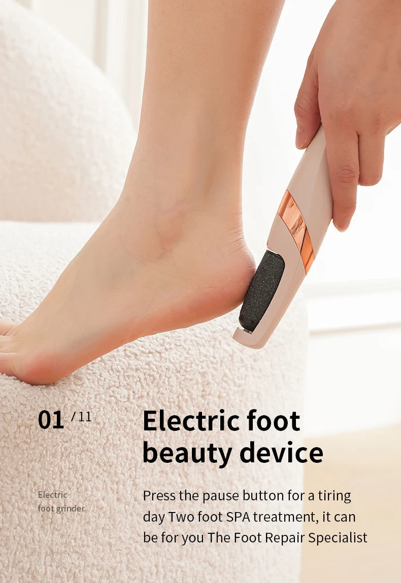 Using Rolli™ SmoothPro electric foot file on heel – side view, held in hand, gently removing calluses and dead skin for smooth, soft feet at home