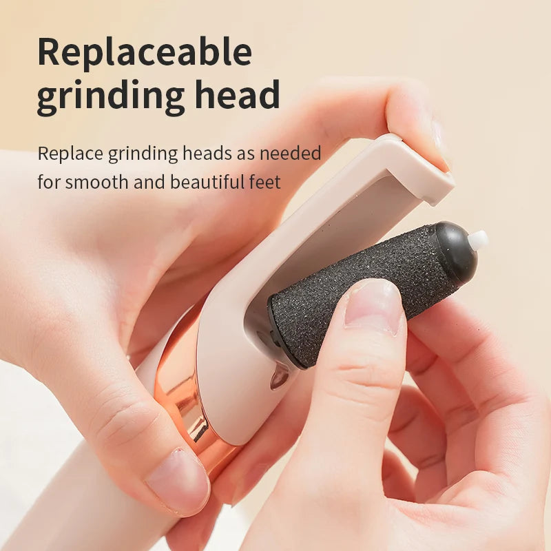 Rolli™ SmoothPro electric foot file – side view, held in hand, demonstrating how to insert replacement roller for effective callus removal
