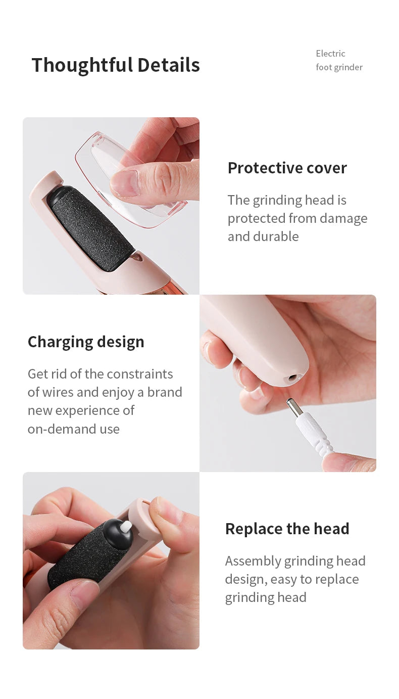 Close-up of Rolli™ SmoothPro electric foot grinder – showing protective cover for grinding head, easy-to-replace roller design, and convenient charging for wire-free use