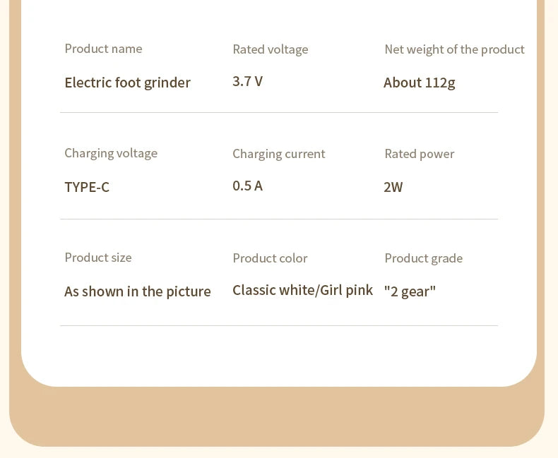 Rolli™ SmoothPro electric foot grinder product parameters – showing rated voltage 3.7V, net weight 112g, TYPE-C charging, rated power 2W, size, and available colors classic white and girl pink with 2-speed gear
