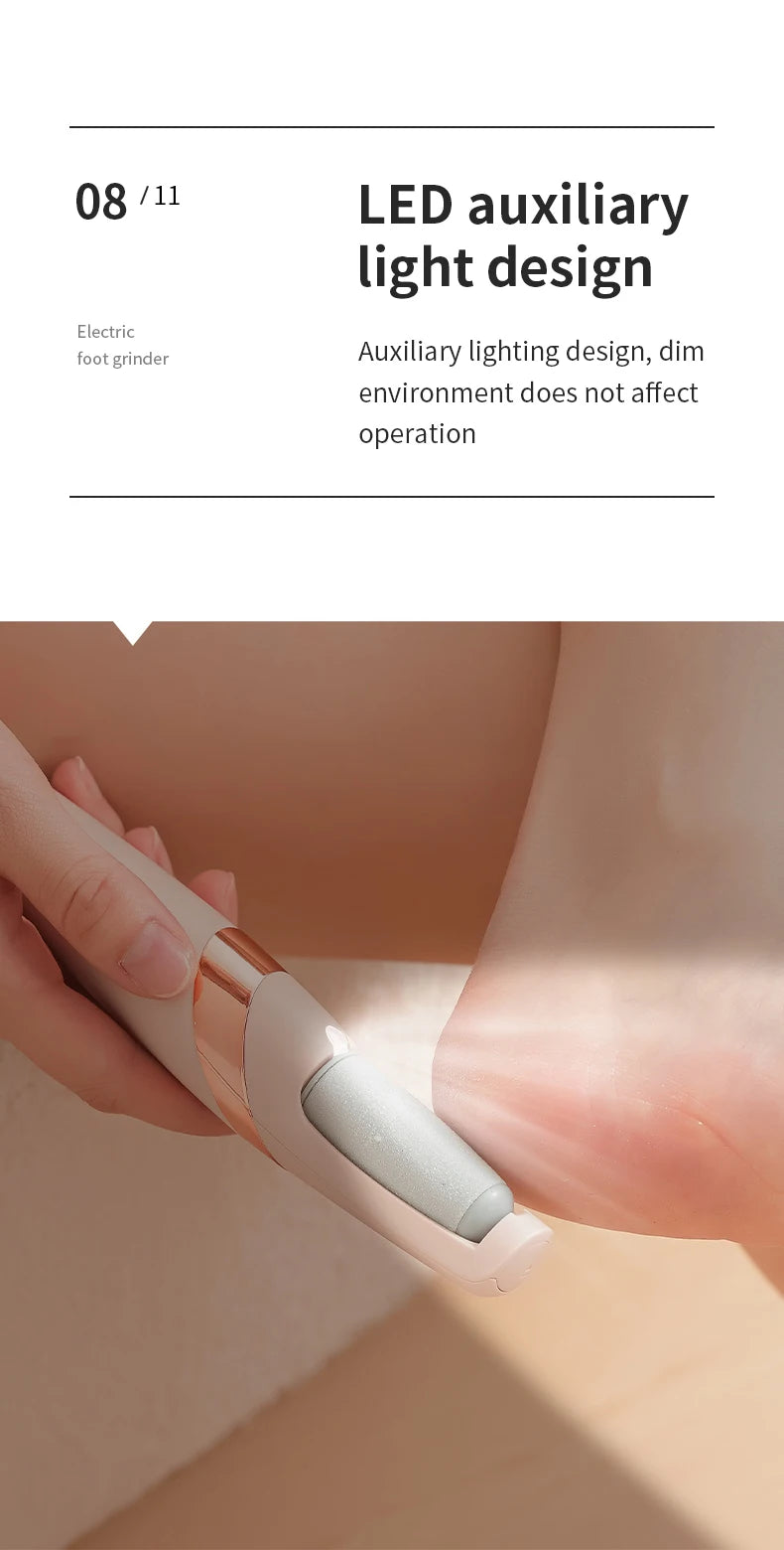 Side view of Rolli™ SmoothPro electric foot file in use on heel with LED auxiliary light – ensuring effective callus and dead skin removal even in dim environments