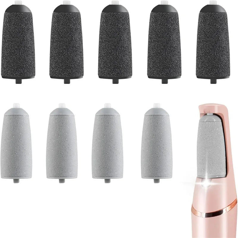 Close-up of 8 Rolli™ SmoothPro replacement roller heads on white background – 5 of one type and 5 of another, with the electric foot grinder visible in the bottom left corner, for effective callus and dead skin removal
