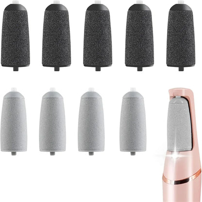 Close-up of 8 Rolli™ SmoothPro replacement roller heads on white background – 5 of one type and 5 of another, with the electric foot grinder visible in the bottom left corner, for effective callus and dead skin removal