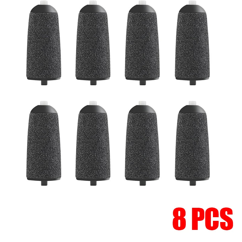 Close-up of 8 black rough Rolli™ SmoothPro replacement roller heads – designed for hard and old calluses, ensuring effective exfoliation and smooth feet