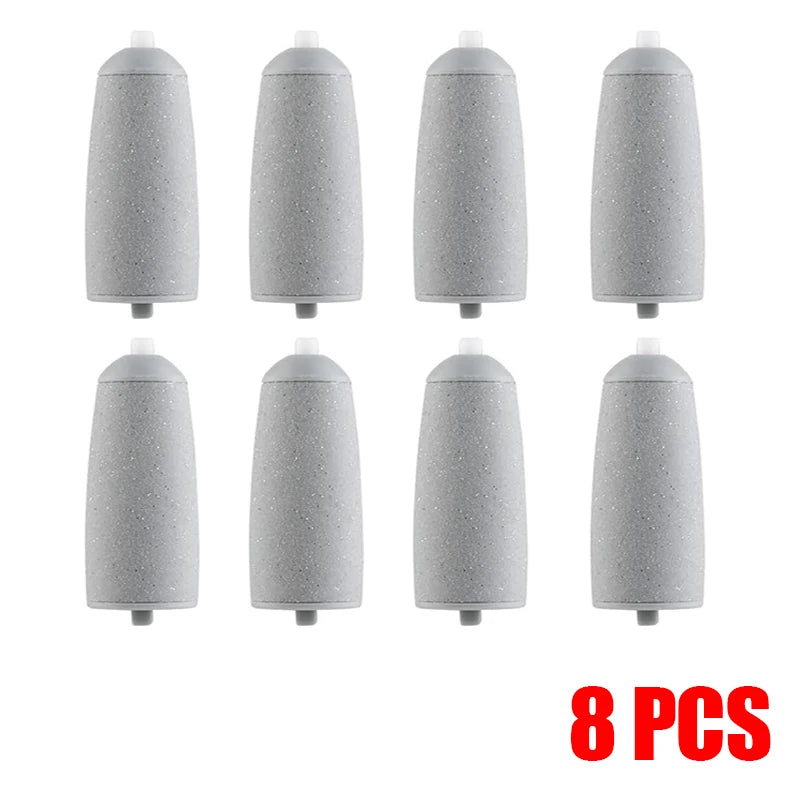 Close-up of 8 white/gray fine Rolli™ SmoothPro replacement roller heads – designed for daily foot care, gently exfoliating dead skin and maintaining smooth, healthy feet
