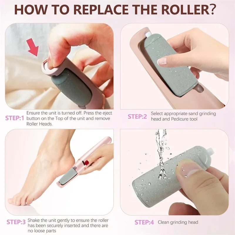 Step-by-step demonstration of replacing Rolli™ SmoothPro replacement roller heads – ejecting old roller, selecting appropriate grinding head, securely inserting, and cleaning for safe and effective foot care