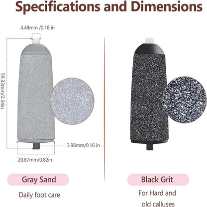 Close-up of two Rolli™ SmoothPro replacement roller heads – black grit for hard and old calluses, gray sand for daily foot care, showing dimensions for precise fit and effective exfoliation