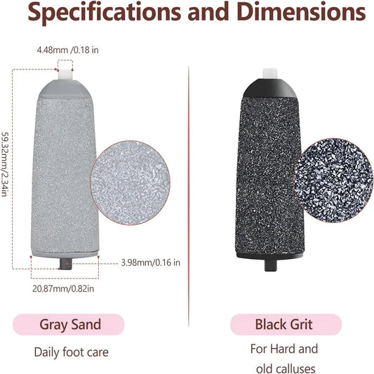 Close-up of two Rolli™ SmoothPro replacement roller heads – black grit for hard and old calluses, gray sand for daily foot care, showing dimensions for precise fit and effective exfoliation