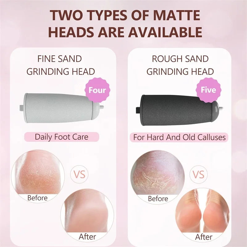 Comparison of two Rolli™ SmoothPro replacement roller heads – fine sand for daily foot care and rough sand for hard and old calluses, showing before and after results for smooth, healthy feet
