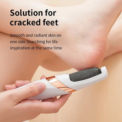 Side view of Rolli™ SmoothPro electric foot file held in hand, gently cleaning heels and removing calluses and dead skin for smooth, soft feet