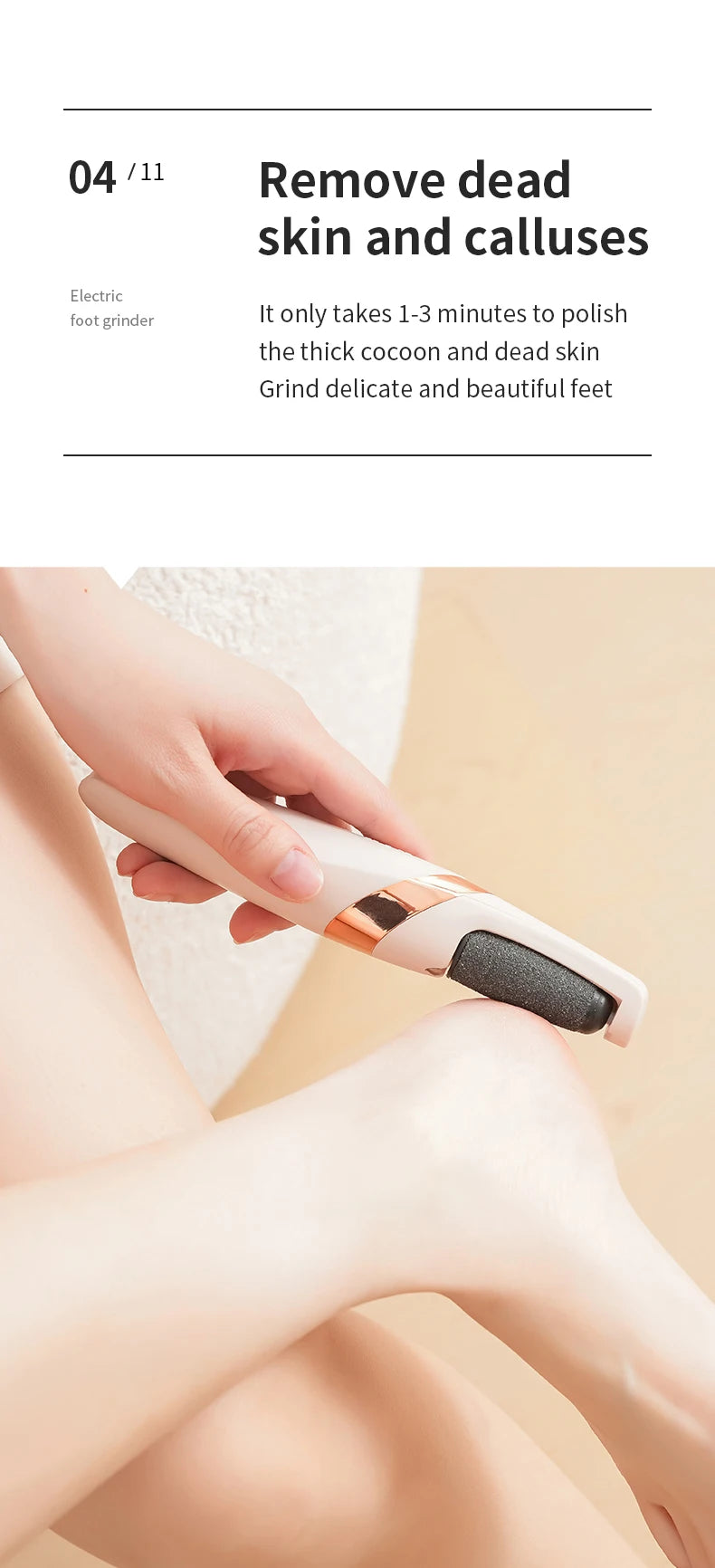 Side view of Rolli™ SmoothPro electric foot file in use – effectively removing dead skin and calluses, polishing thick skin in 1-3 minutes for delicate and beautiful feet