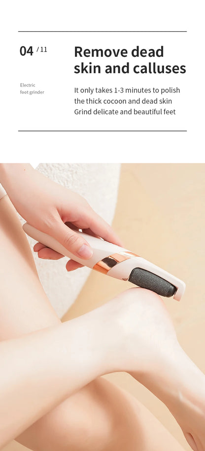Side view of Rolli™ SmoothPro electric foot file in use – effectively removing dead skin and calluses, polishing thick skin in 1-3 minutes for delicate and beautiful feet