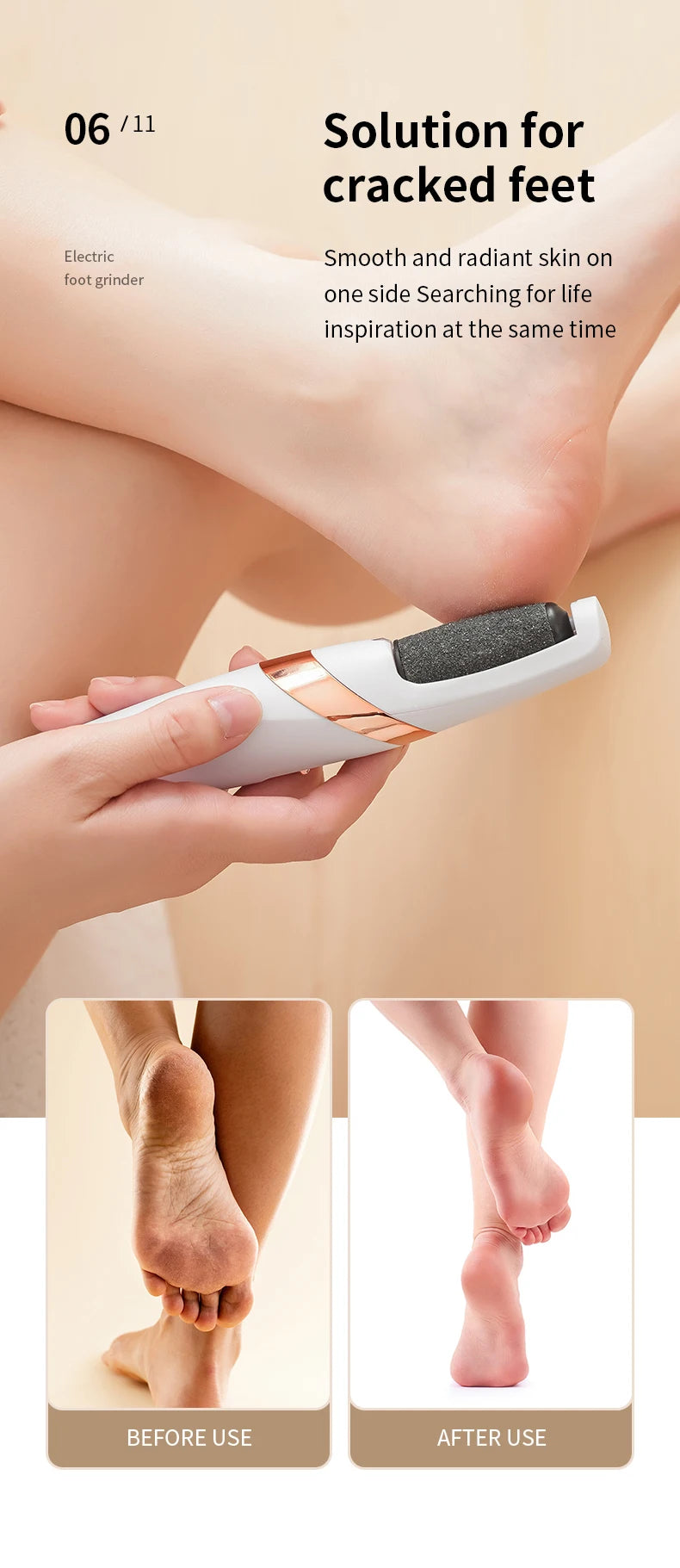 Rolli™ SmoothPro electric foot file – side view, showing before and after results while using the tool to gently remove calluses and dead skin for smooth, soft feet