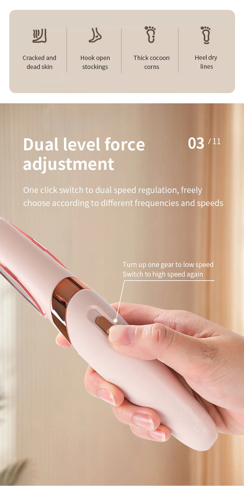 Close-up of Rolli™ SmoothPro electric foot file button – one click switch for dual speed regulation, adjustable for different callus removal needs, effectively handling cracked skin, thick cocoon, heel dryness, and dead skin