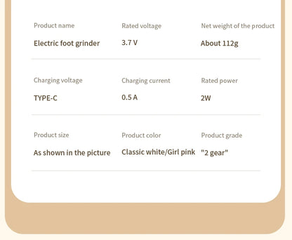 Rolli™ SmoothPro electric foot grinder product parameters – showing rated voltage 3.7V, net weight 112g, TYPE-C charging, rated power 2W, size, and available colors classic white and girl pink with 2-speed gear