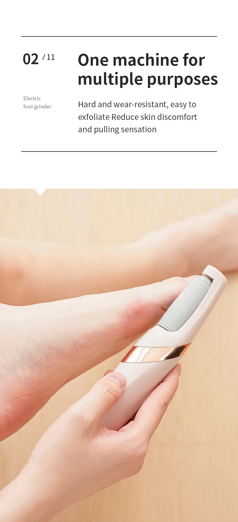 Side view of Rolli™ SmoothPro electric foot file – one machine for multiple purposes, hard and wear-resistant, gently exfoliating skin while reducing discomfort and pulling sensation