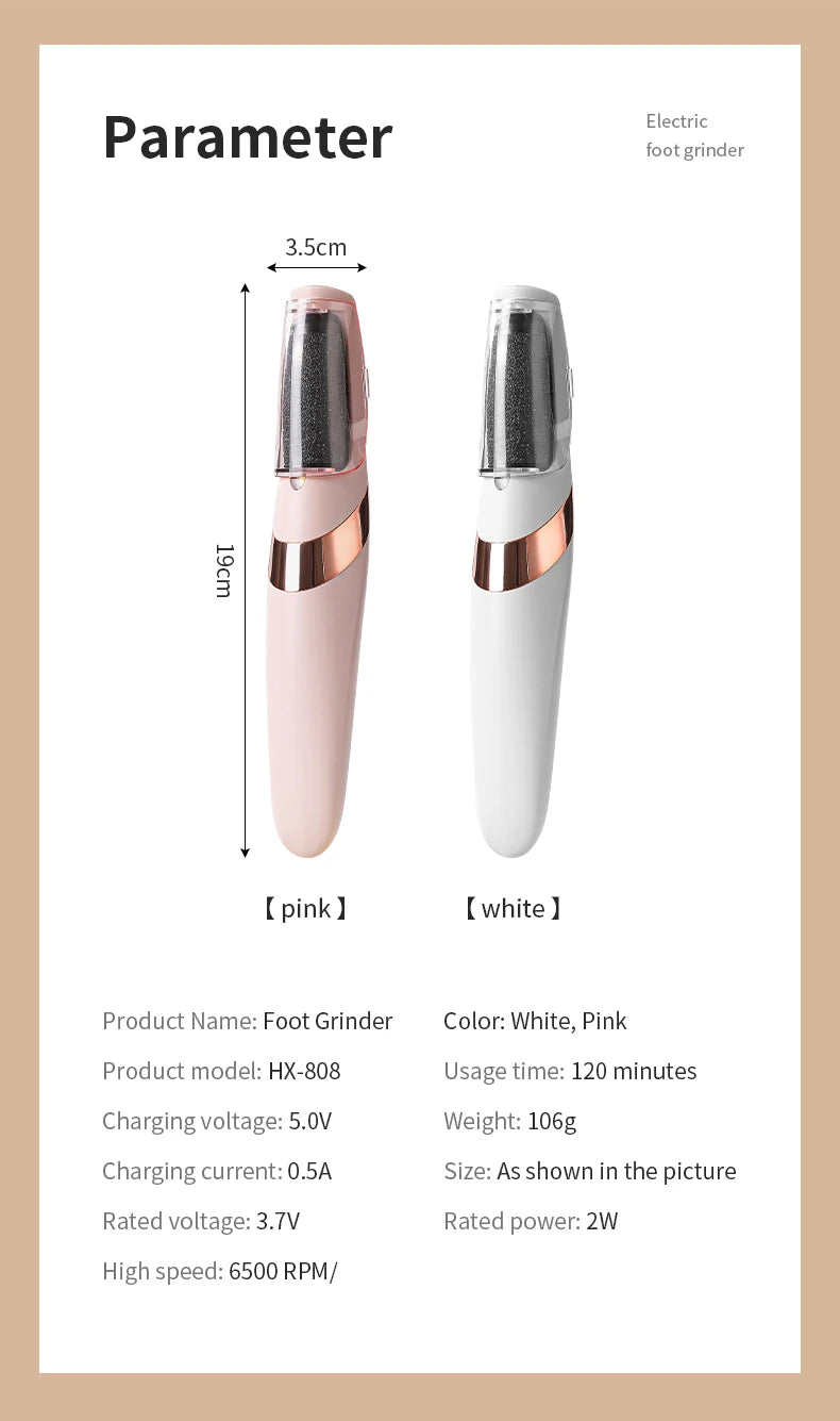 Front view of two Rolli™ SmoothPro electric foot grinders in pink and white – showing product parameters including size, weight, high speed 6500 RPM, rated power 2W, charging voltage 5V, and usage time 120 minutes
