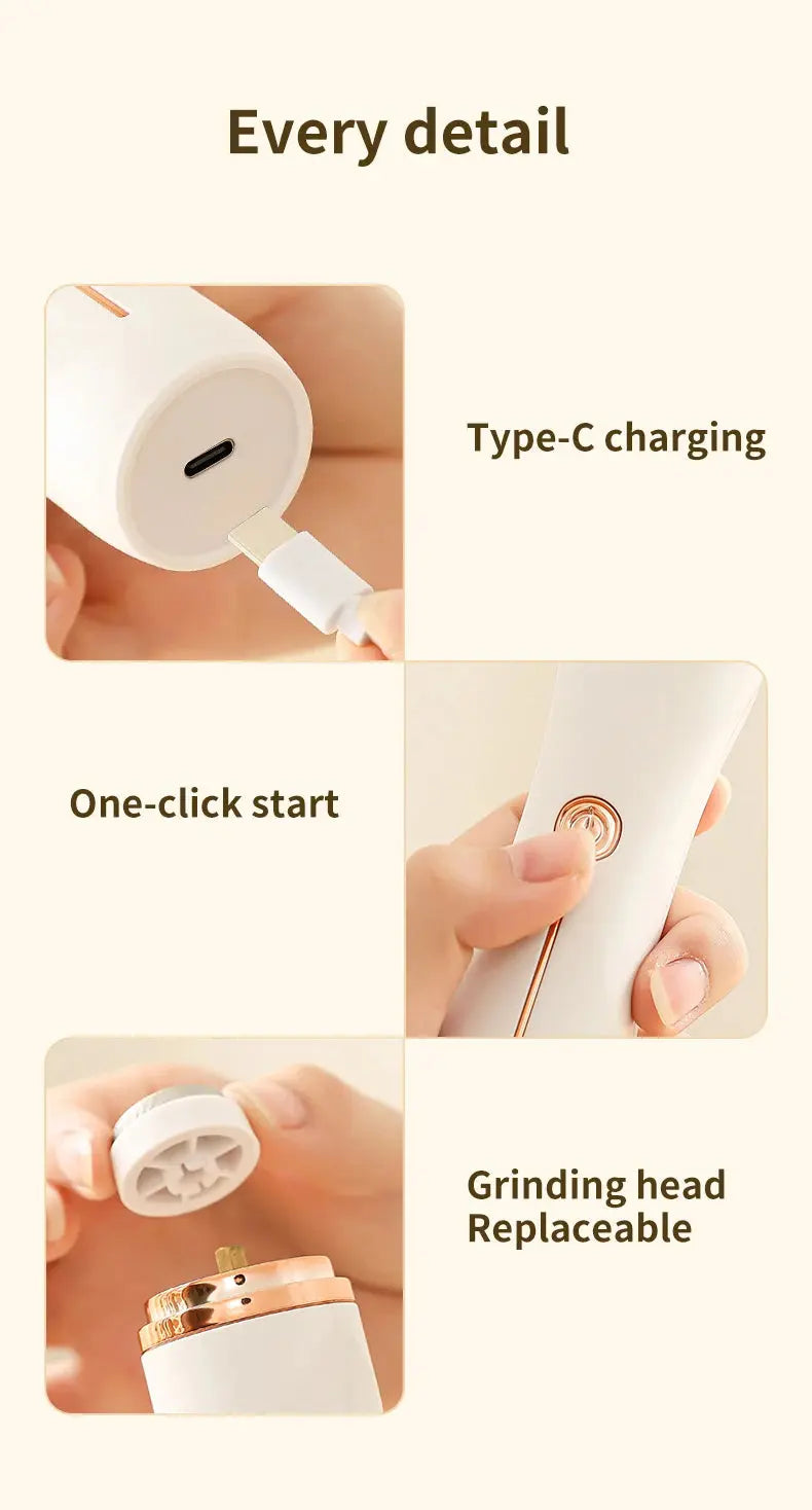 Close-up of Rolli™ SmoothPro electric foot grinder – highlighting Type-C charging, one-click start, and replaceable grinding head for effective foot care