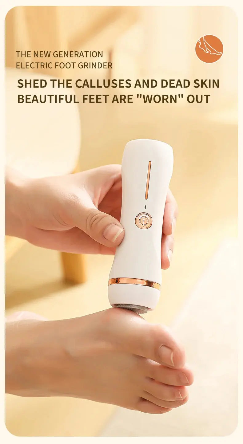 Front view of Rolli™ SmoothPro electric foot grinder held in hand – removing calluses and dead skin from the side of the foot, showcasing new generation design for beautiful, smooth feet