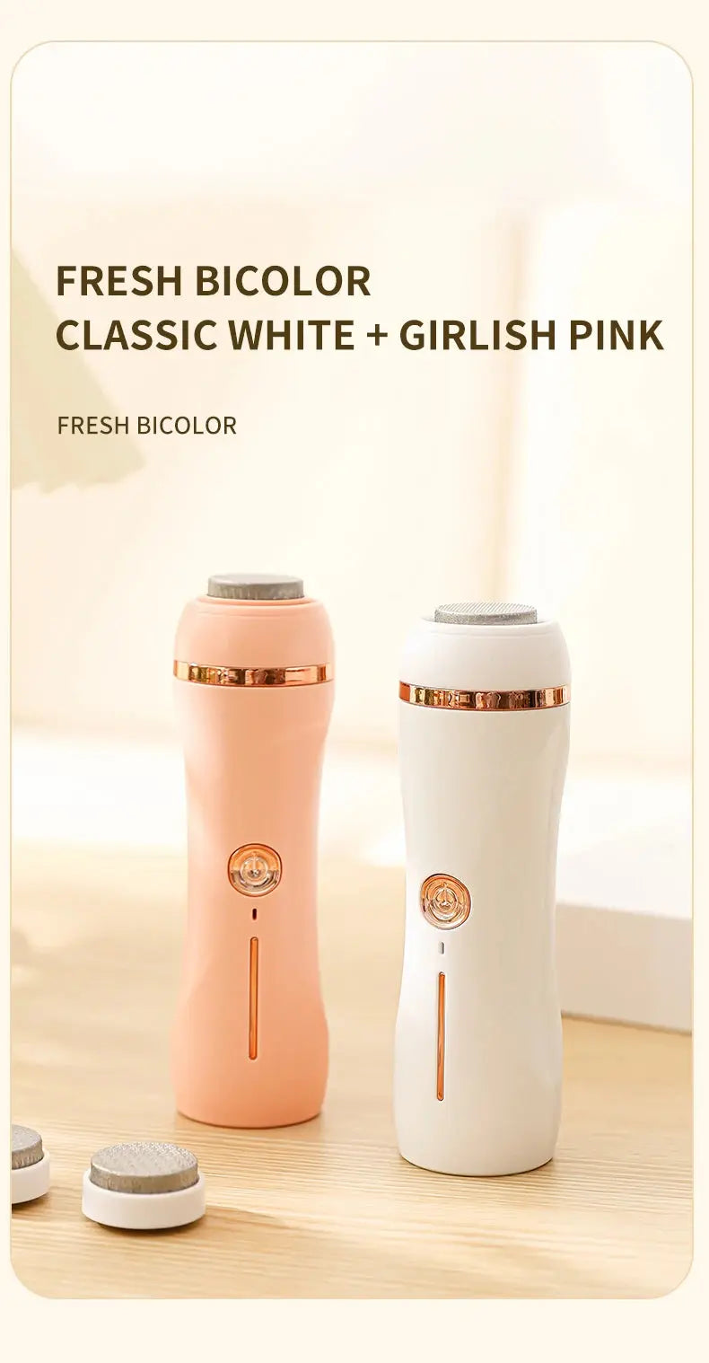 Front view of two Rolli™ SmoothPro electric foot grinders in classic white and girlish pink – showcasing fresh bicolor design for stylish and effective callus removal