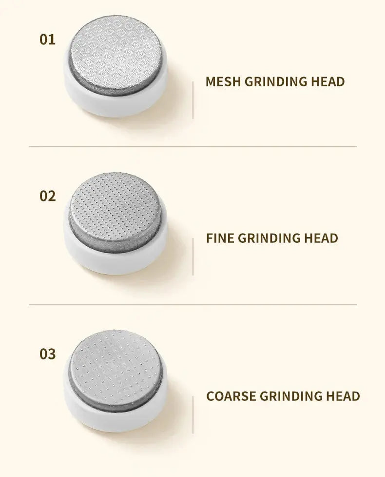 Close-up of three Rolli™ SmoothPro electric foot grinder attachments – mesh grinding head, fine grinding head, and coarse grinding head for customized callus and dead skin removal