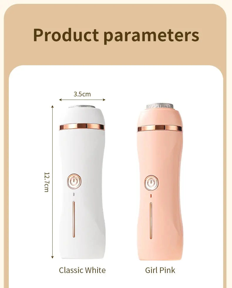Two Rolli™ SmoothPro electric foot grinders in classic white and girlish pink – showing product parameters including width 3.5cm and length 12.7cm for effective foot care