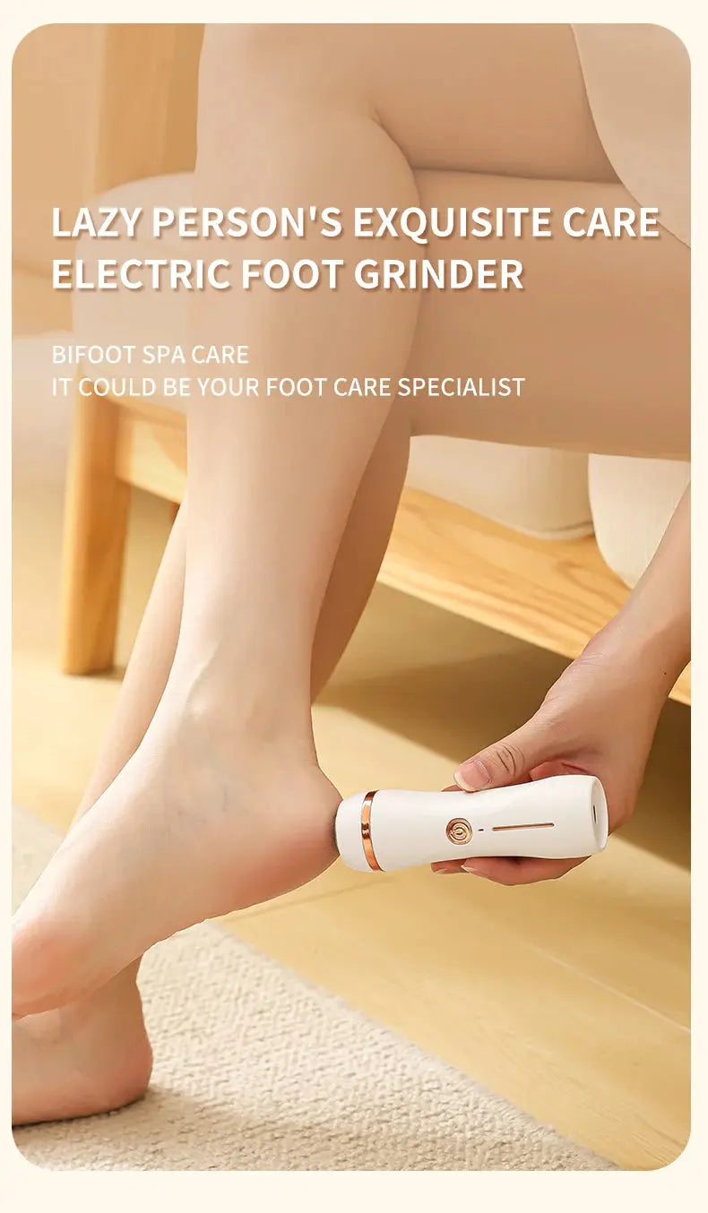White Rolli™ SmoothPro electric foot grinder held in hand – effectively cleaning the heel, providing lazy person’s exquisite foot care and professional foot spa results
