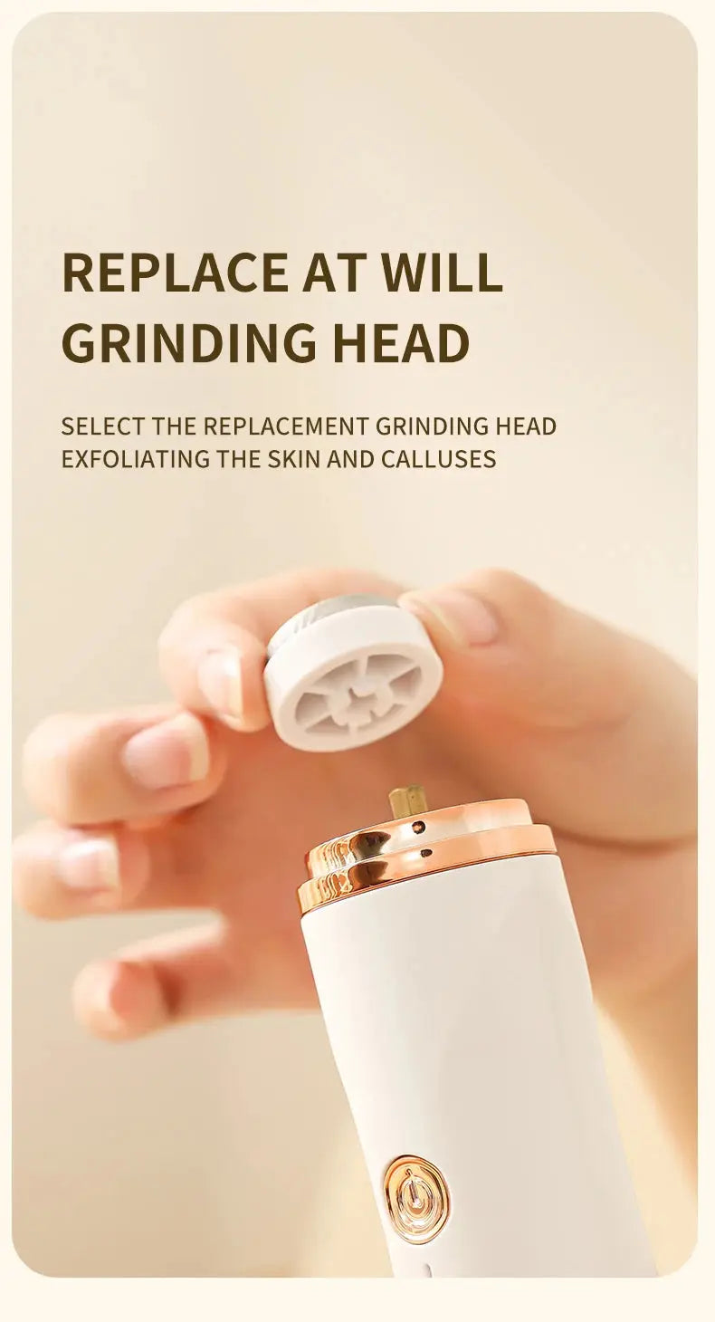 White Rolli™ SmoothPro electric foot grinder held in hand with replacement grinding head – easily interchangeable for exfoliating skin and removing calluses