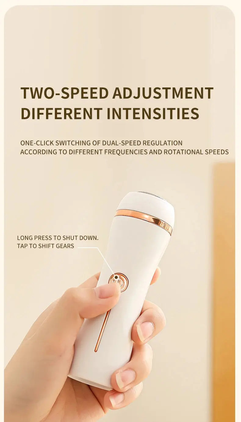 White Rolli™ SmoothPro electric foot grinder held in hand – demonstrating one-click dual-speed adjustment for different intensities and rotational speeds, with long press to shut down